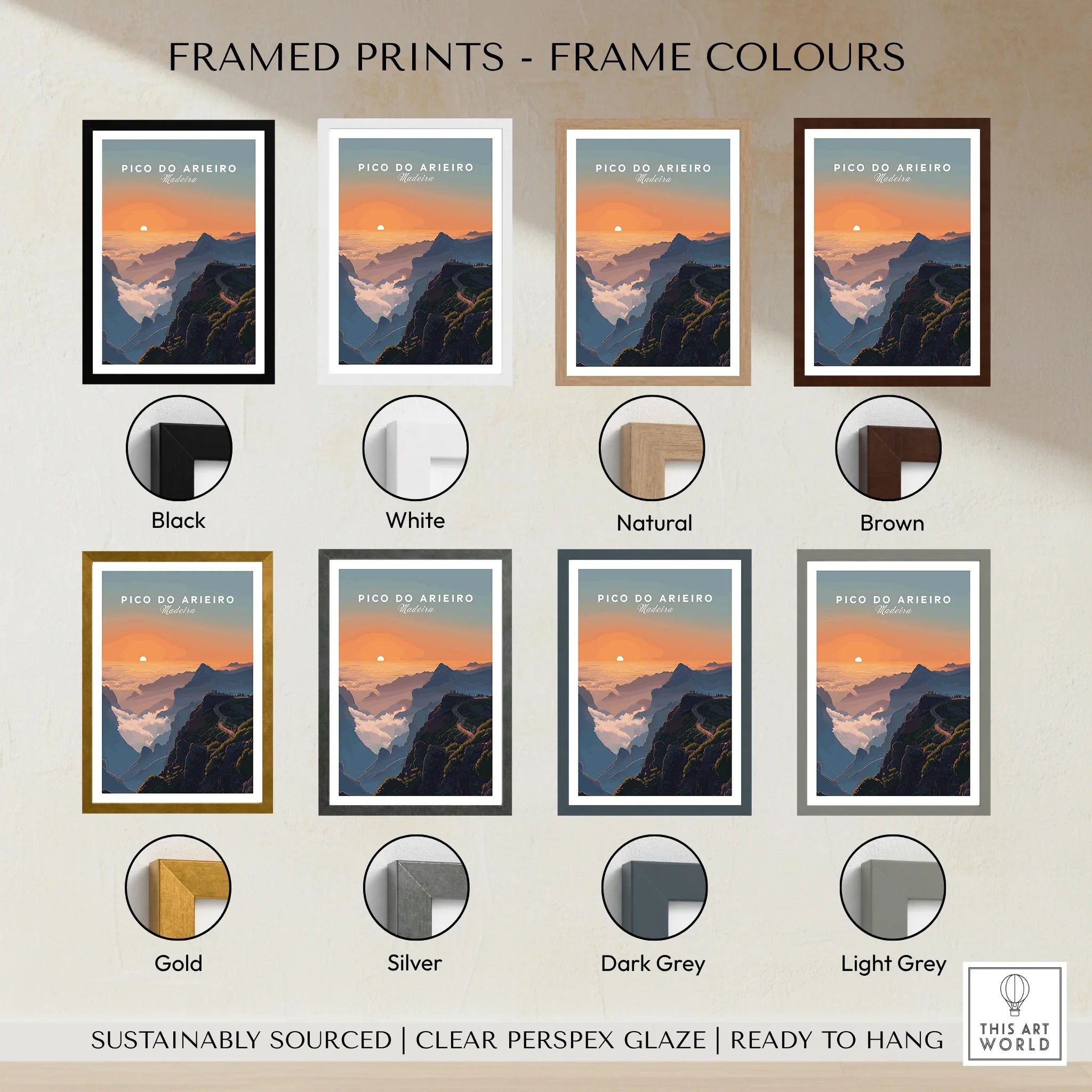 Pico do Arieiro mountain landscape art print in eight frame color options, sunset view
