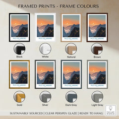 Pico do Arieiro travel art print with mountain sunset, shown in eight different frame colors.