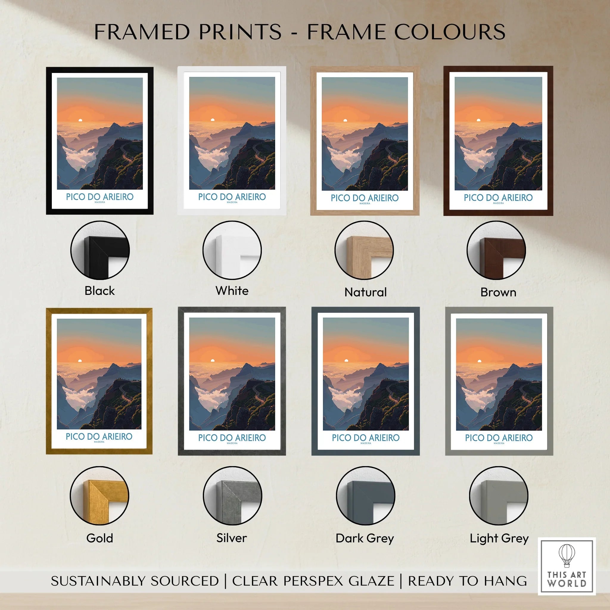 Pico do Arieiro travel art print with mountain sunset, shown in eight different frame colors.