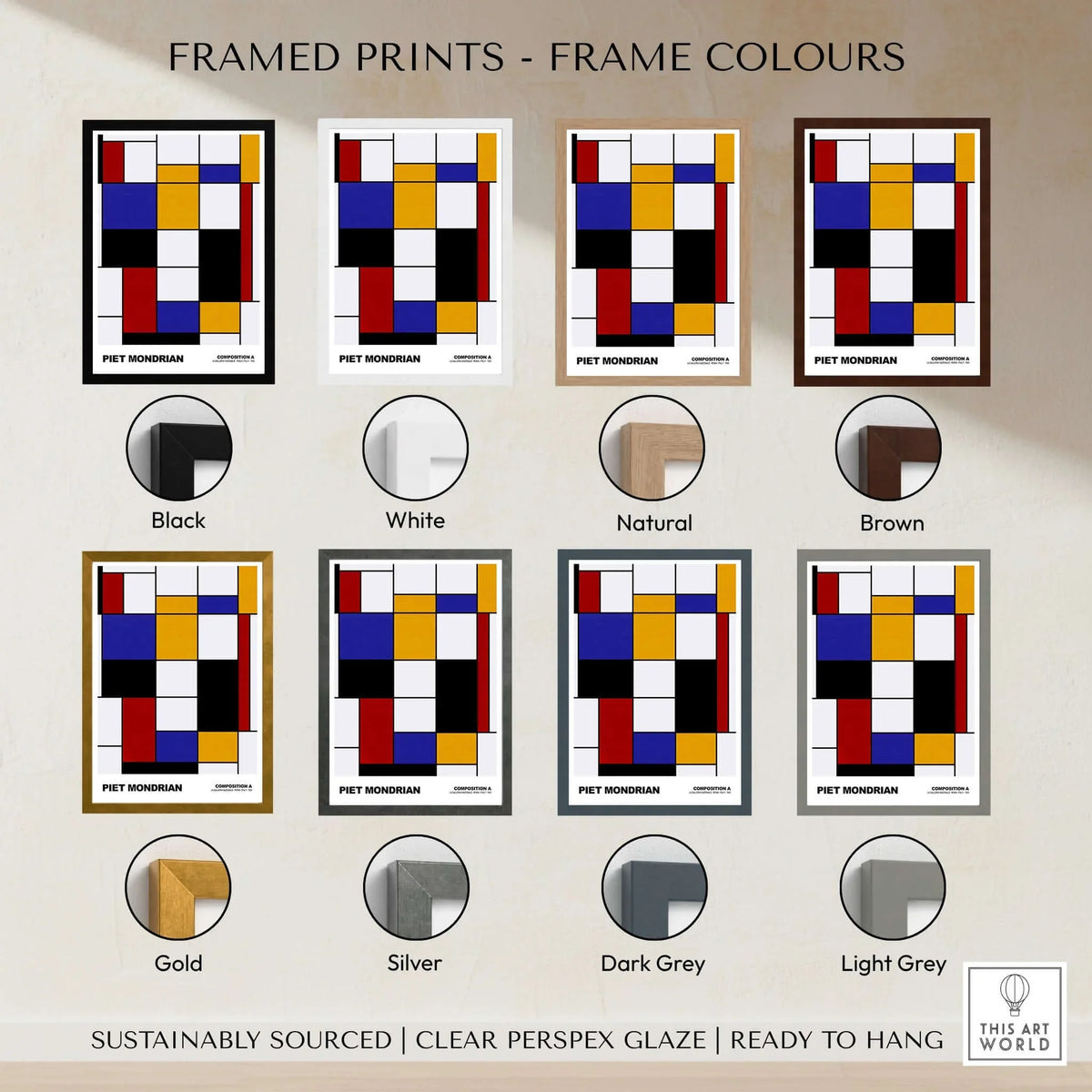 Piet Mondrian Composition A Geometric Abstract Art Print De Stijl Poster Wall Decor with different frame color options.