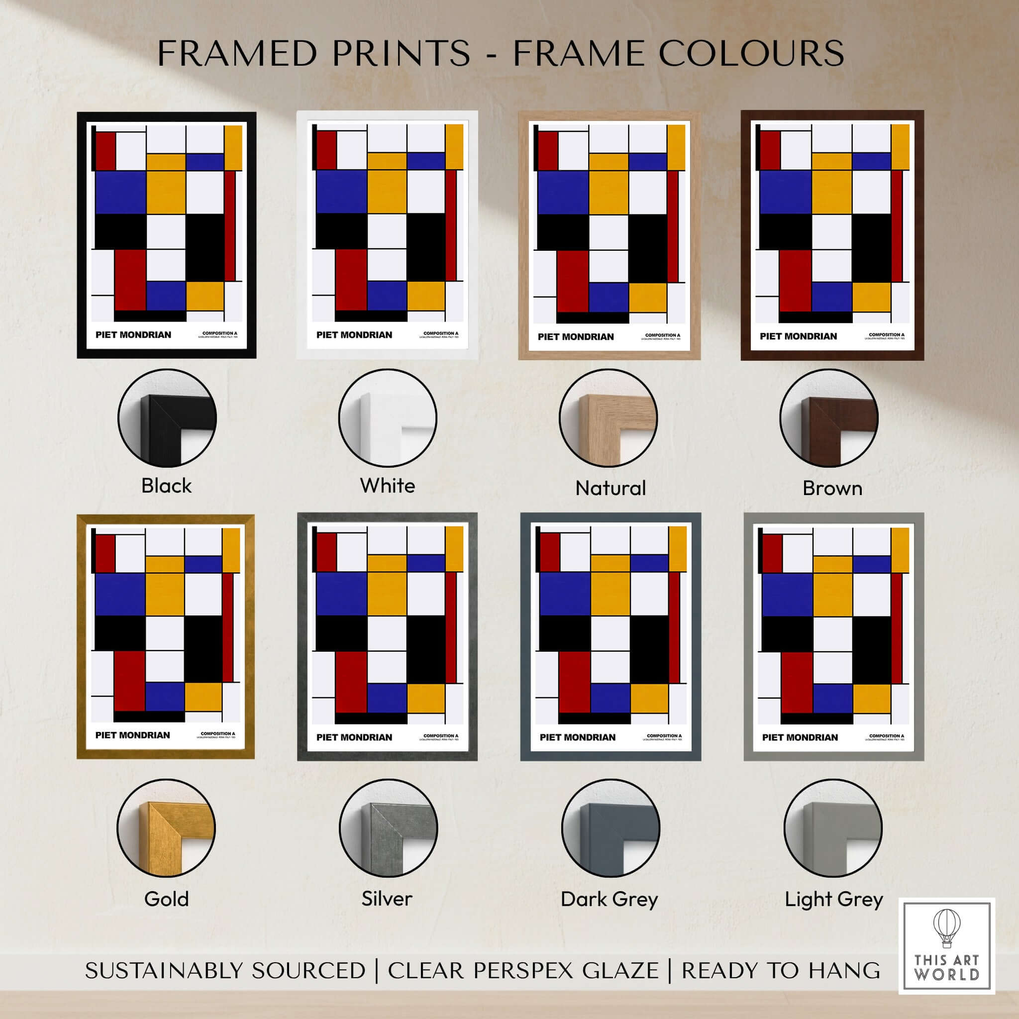 Piet Mondrian Composition A Geometric Abstract Art Print De Stijl Poster Wall Decor with different frame color options.