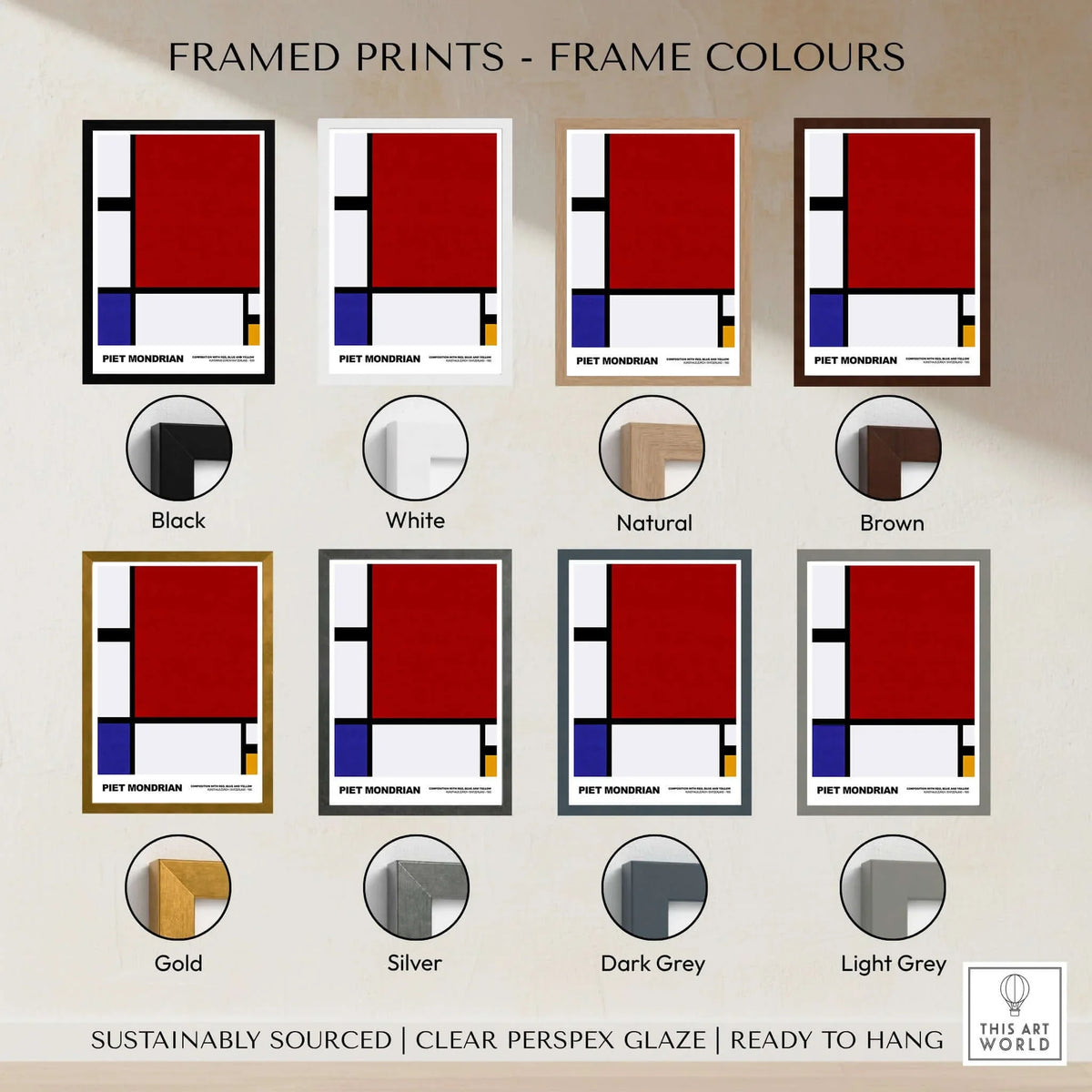 Piet Mondrian Composition Red Blue Yellow 1930 Abstract Art Print Poster Geometric framed prints in various colors.