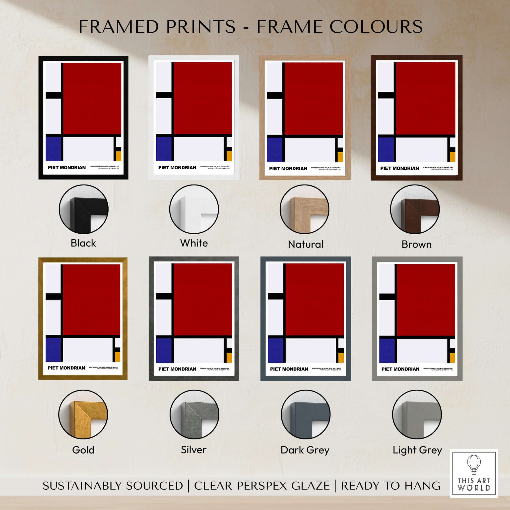 Piet Mondrian Composition Red Blue Yellow 1930 Abstract Art Print Poster Geometric framed prints in various colors.
