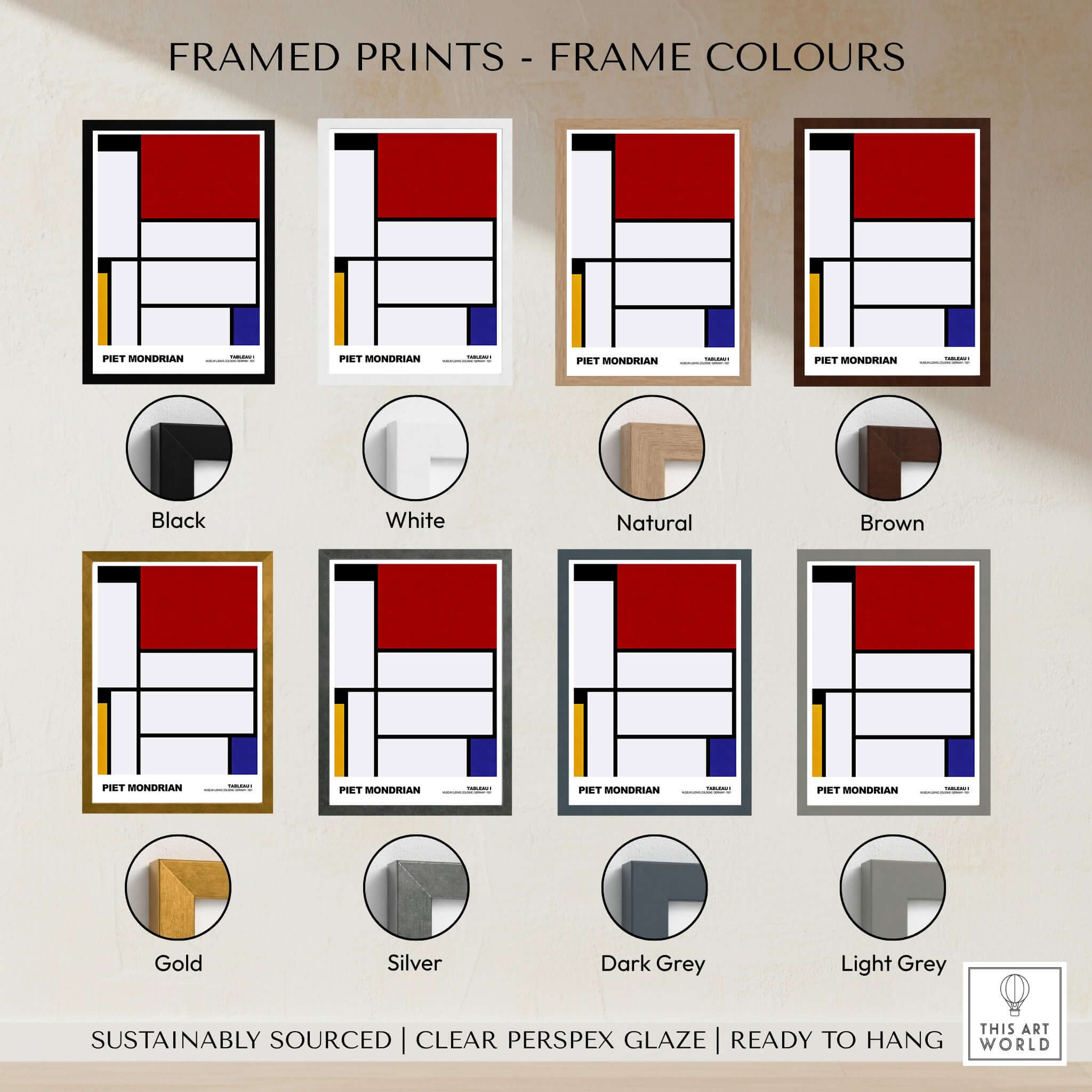 Piet Mondrian Tableau I 1921 De Stijl Abstract Geometric Poster Modern Art Print framed in various color options.