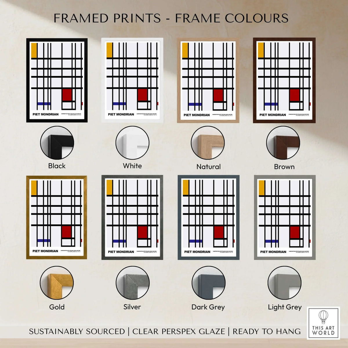 Piet Mondrian Composition Yellow Blue Red 1937 Abstract Grid Art Print Poster Lines frame color options including black, white and more