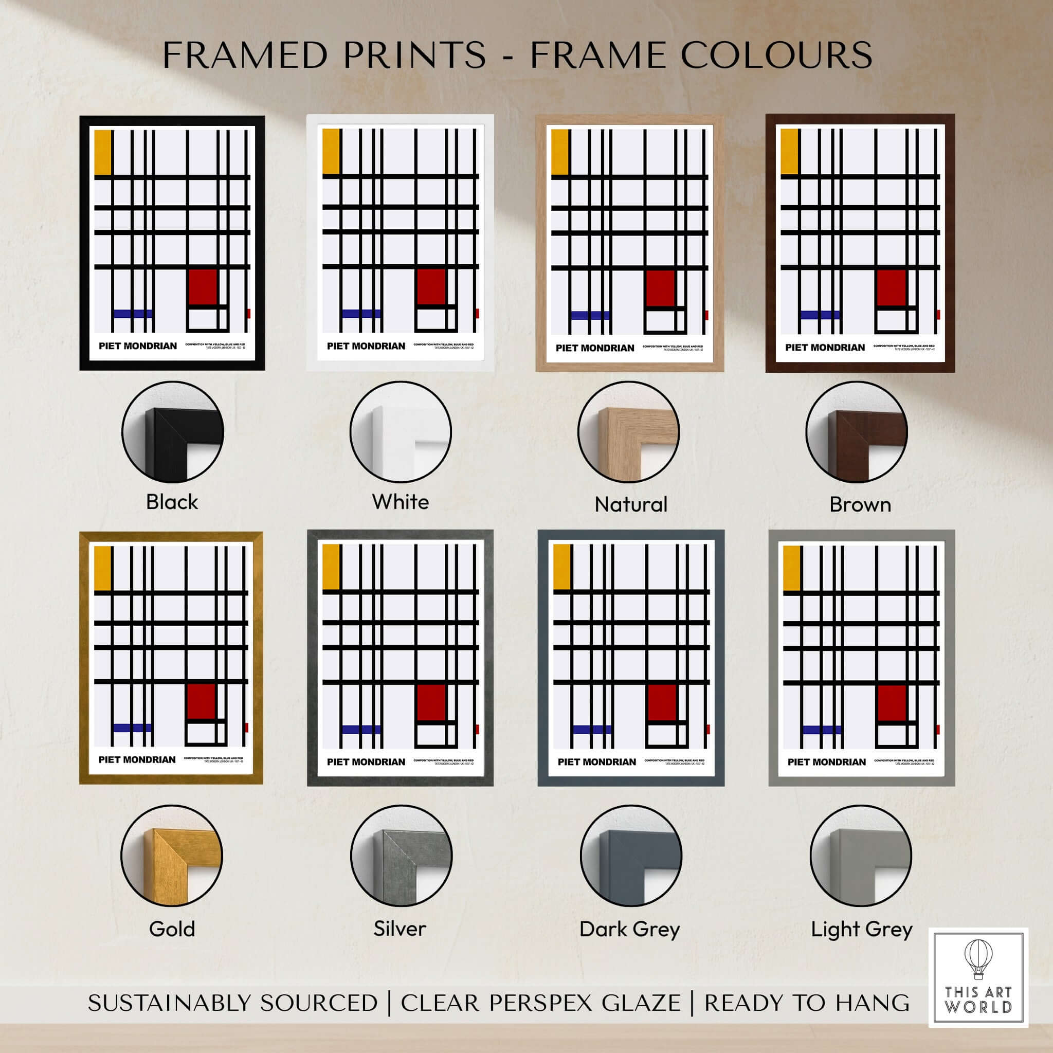 Piet Mondrian Composition Yellow Blue Red 1937 Abstract Grid Art Print Poster Lines frame color options including black, white and more