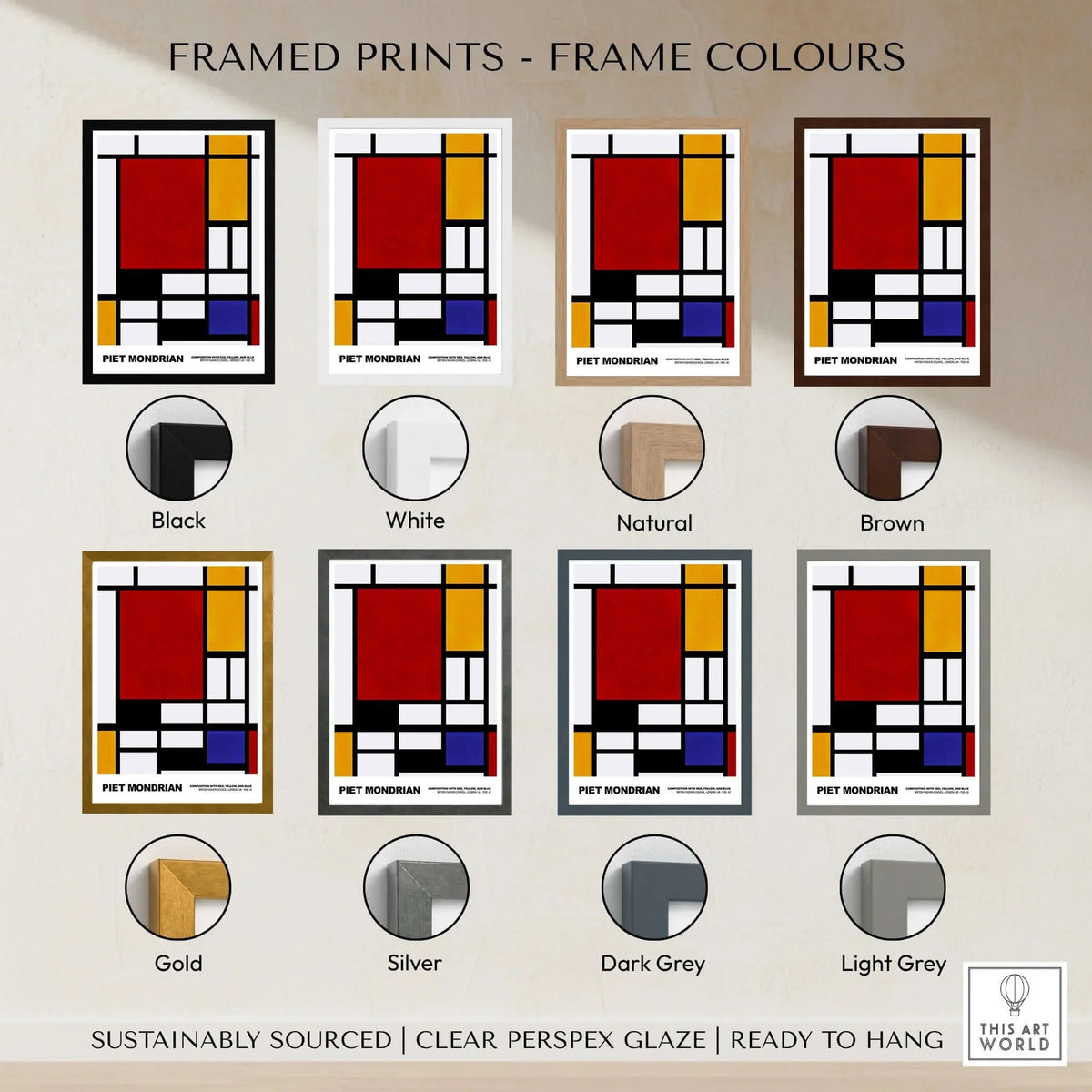 Piet Mondrian Composition Red Yellow Blue 1939 De Stijl Poster Geometric Abstract Print framed in various colors
