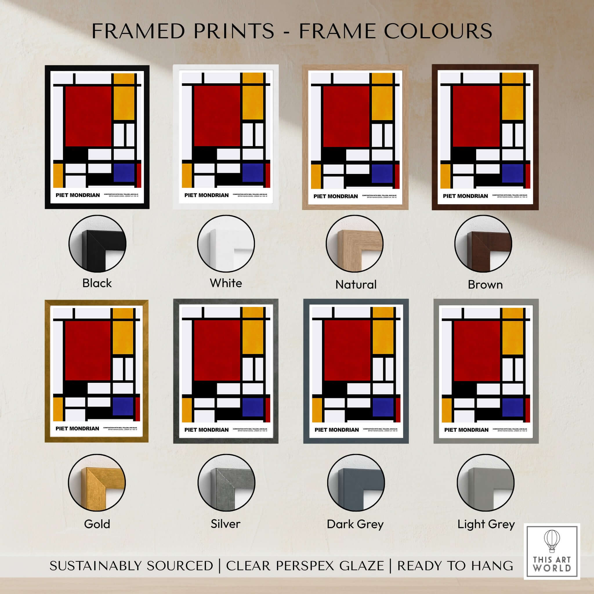 Piet Mondrian Composition Red Yellow Blue 1939 De Stijl Poster Geometric Abstract Print framed in various colors