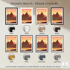 Pinnacles National Park travel poster print in eight frame color options including black, white, natural, brown, gold, silver, dark grey, and light grey.