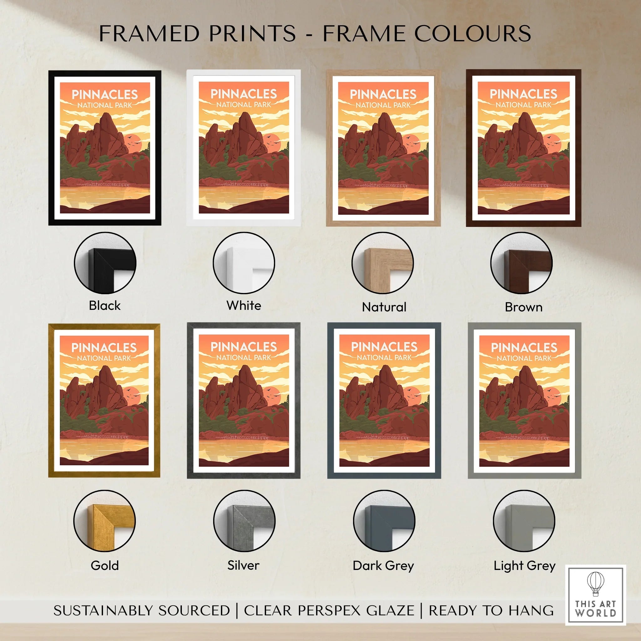 Pinnacles National Park travel poster print in eight frame color options including black, white, natural, brown, gold, silver, dark grey, and light grey.
