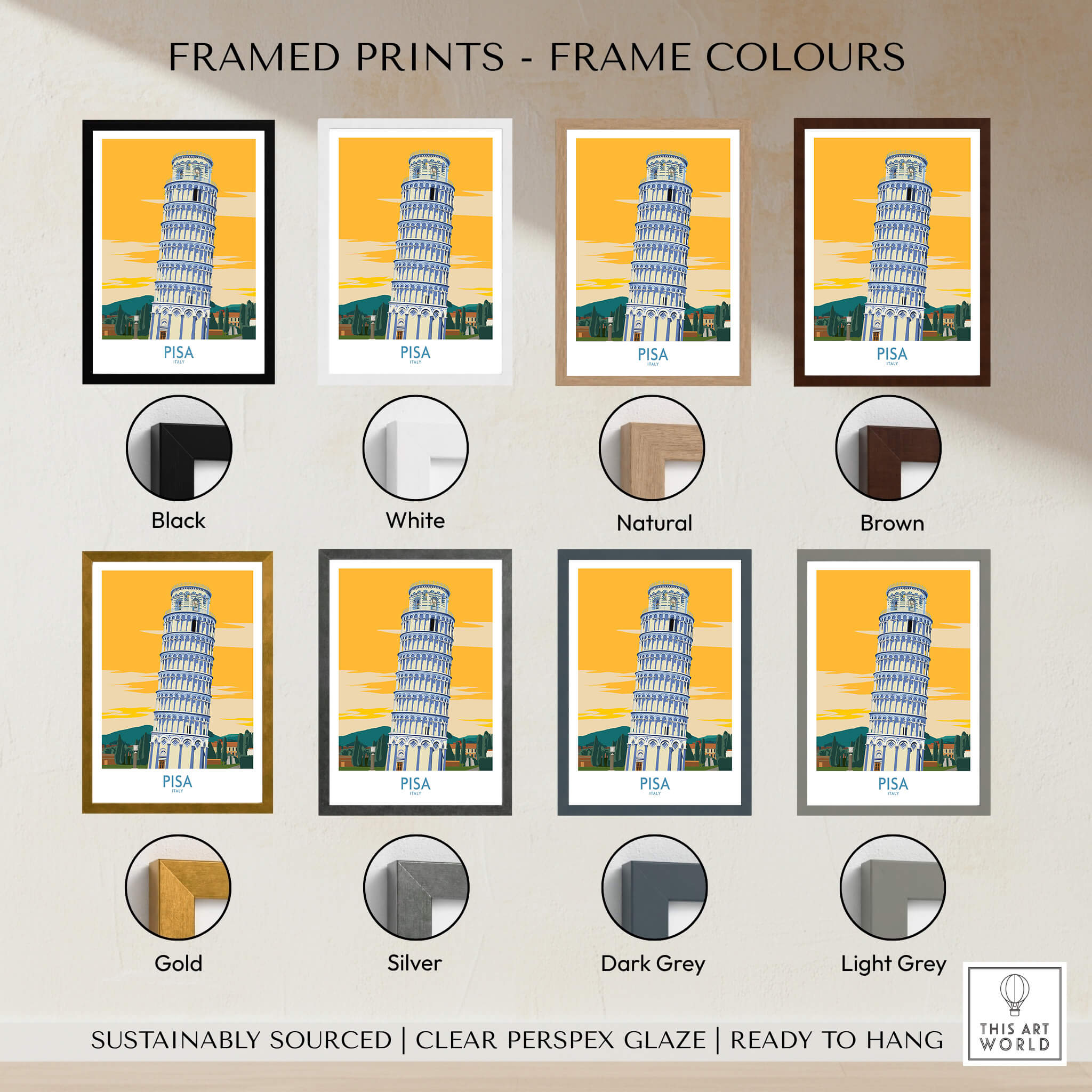 Pisa Tower Italy Print framed in various colors including black, white, natural, brown, gold, silver, dark grey, light grey.