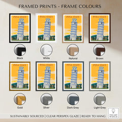 Pisa Tower Print Poster Italy Wall Art framed print options in various frame colors including black, white, natural, brown, gold, silver, dark grey, light grey.