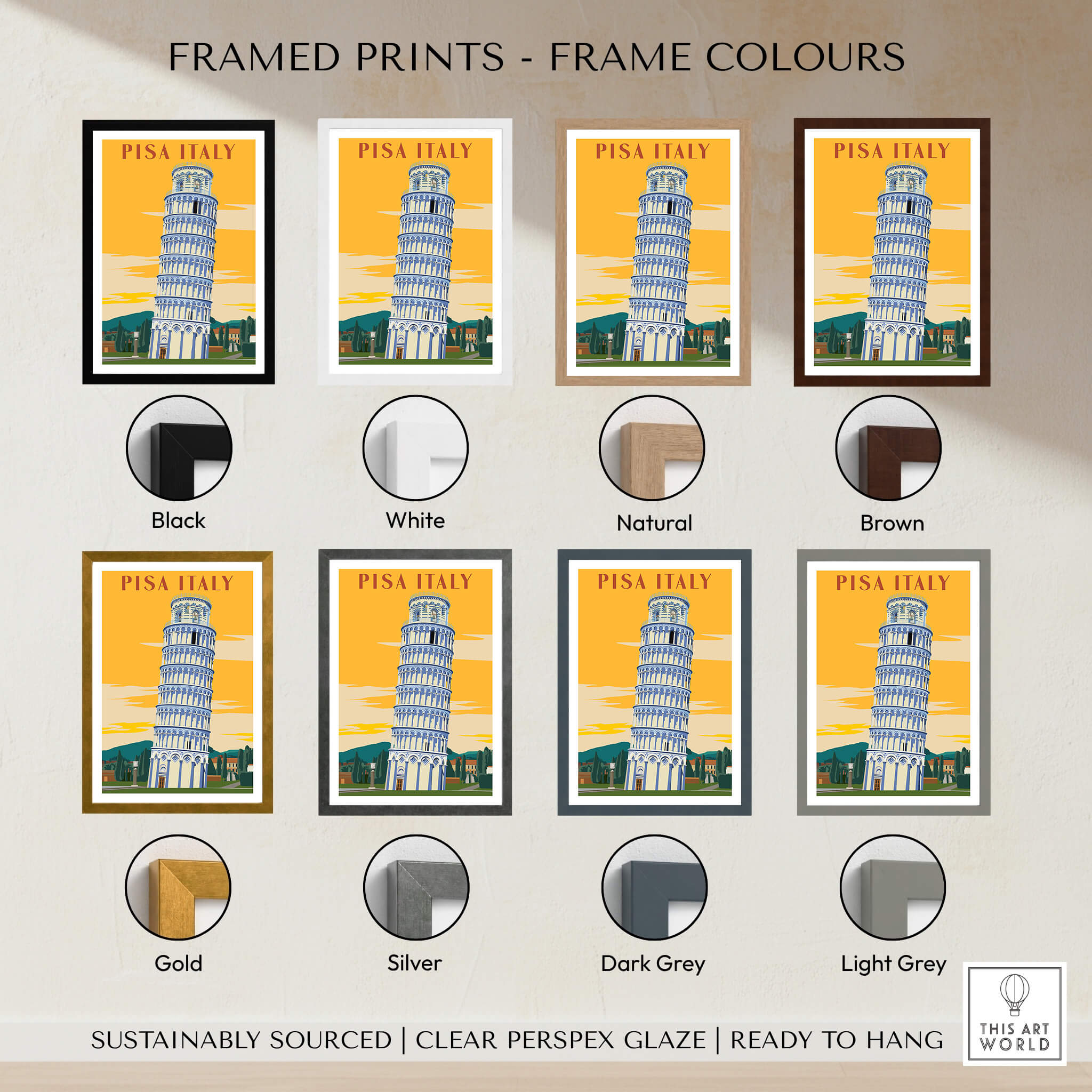 Pisa Tower Print Poster Italy Wall Art framed print options in various frame colors including black, white, natural, brown, gold, silver, dark grey, light grey.