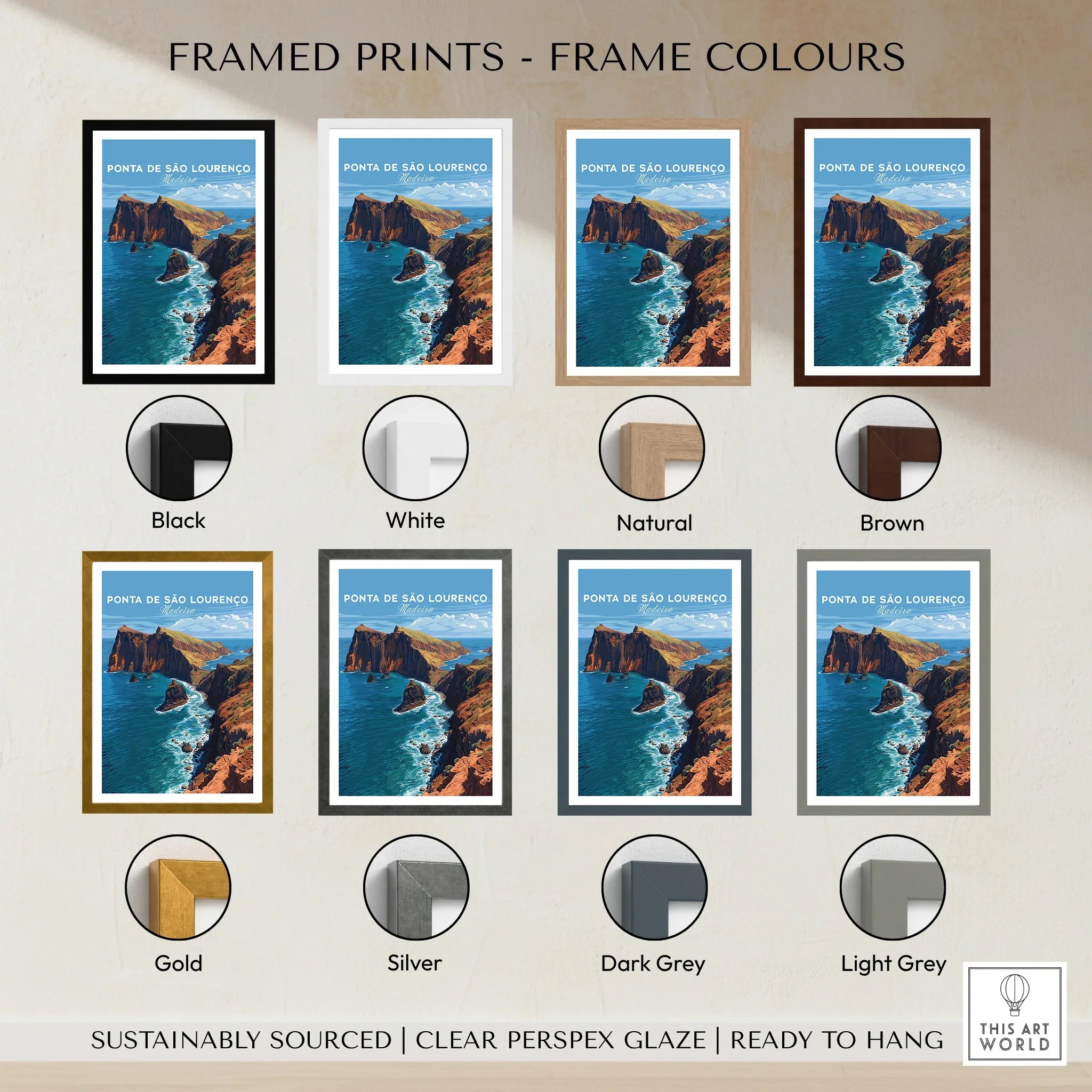 Framed travel art print of Ponta de São Lourenço with 8 frame color options displayed.