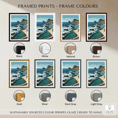 Framed Porto Moniz travel poster print with eight frame color options including black, white, natural, brown, gold, silver, dark grey, and light grey.