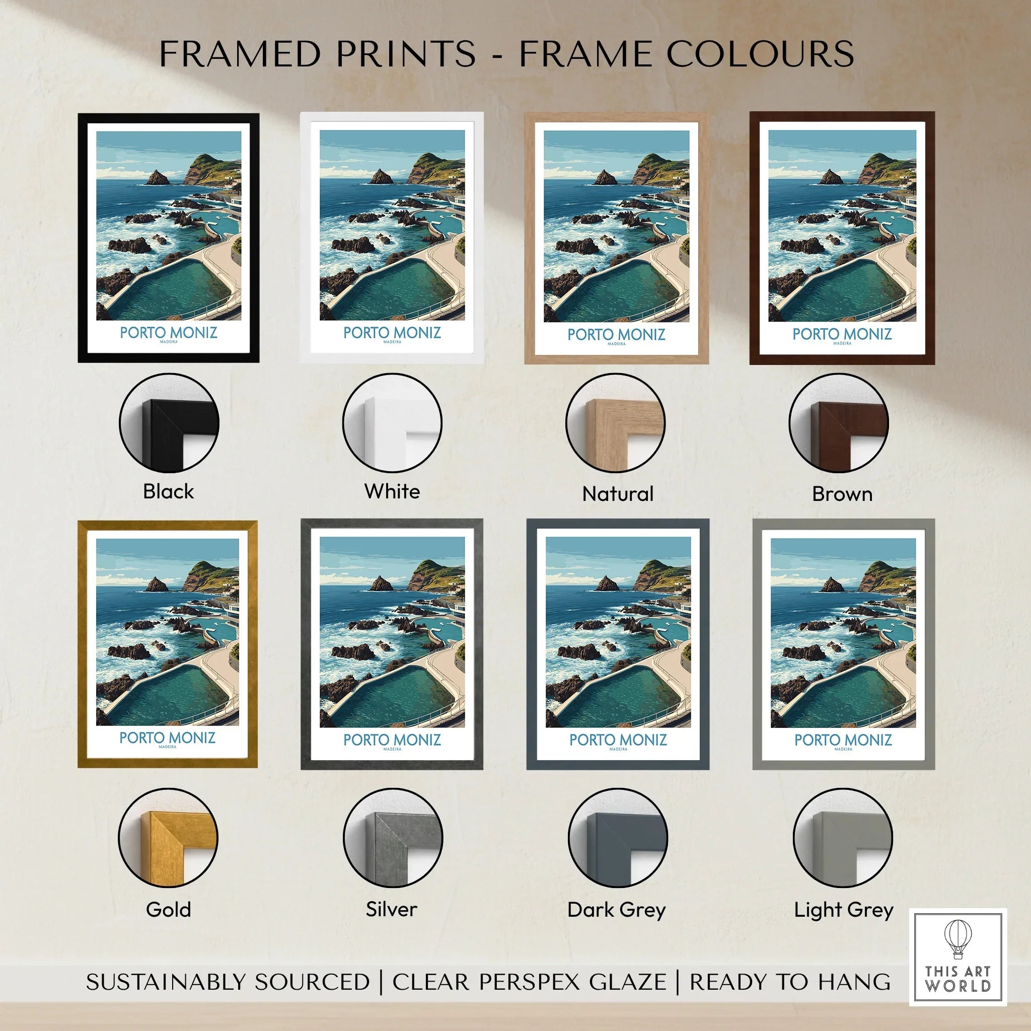 Porto Moniz travel poster framed print with seven frame color options, coastal wall art