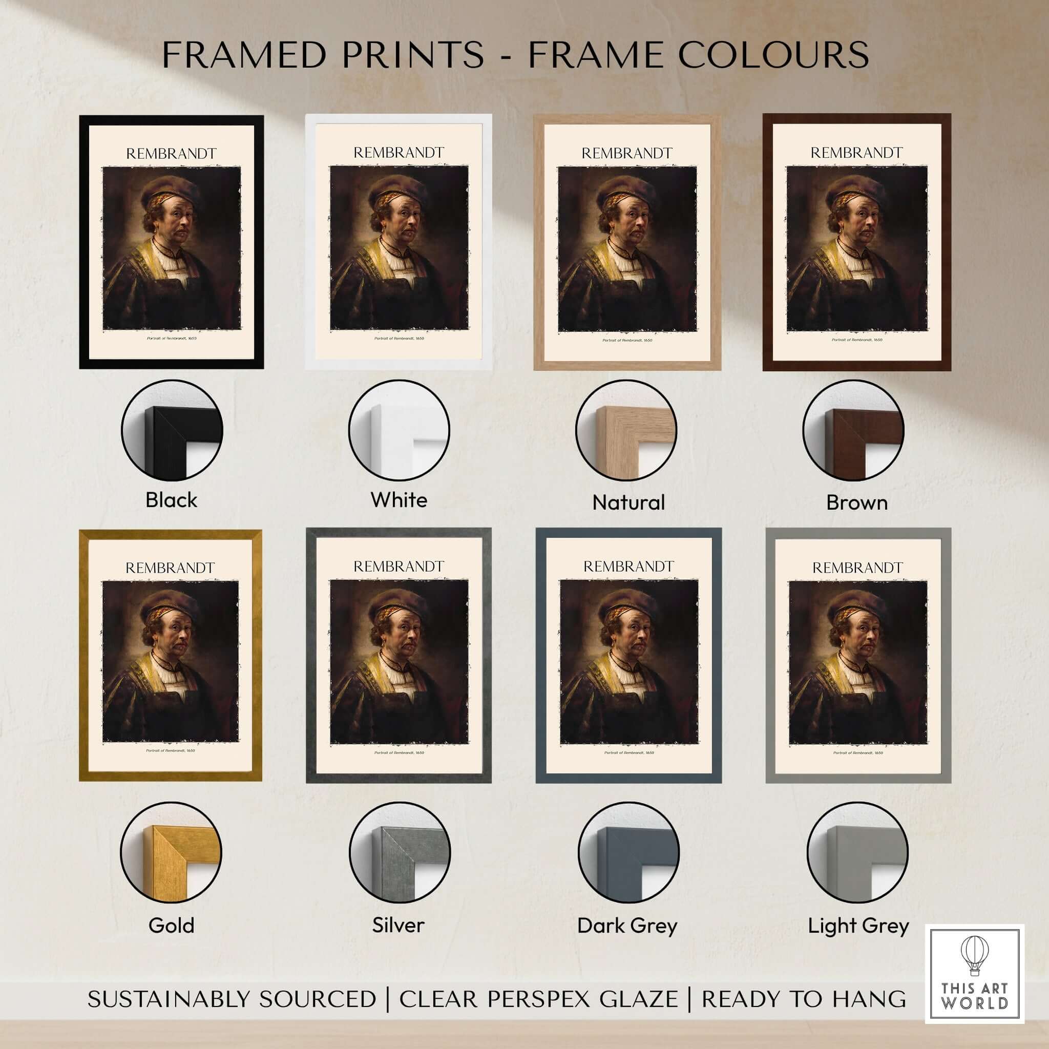 Framed prints color options for Rembrandt Self Portrait 1650 Dutch Master Painter Art Print Poster Wall Decor