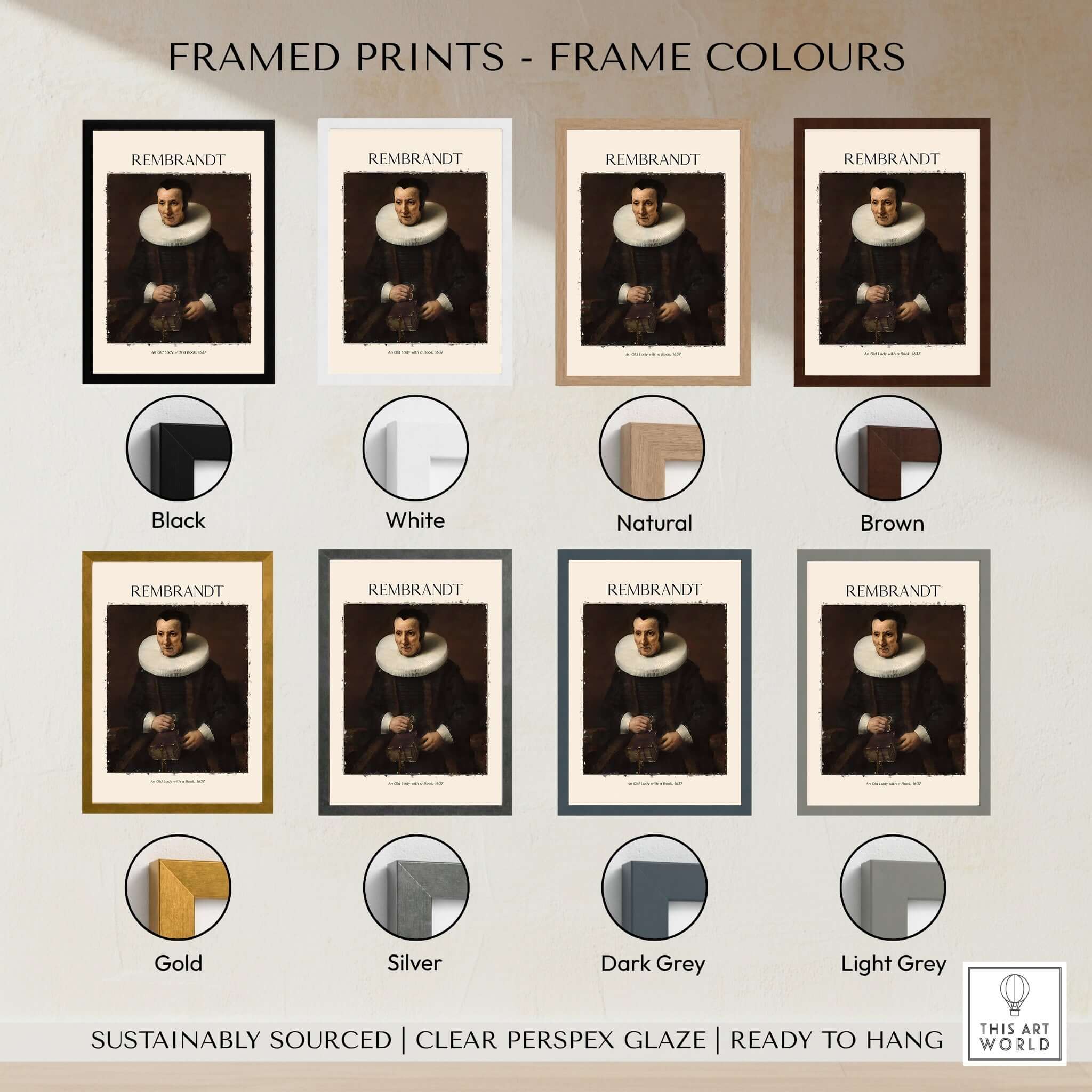 Framed prints showcasing various frame colors for Rembrandt Old Lady with Book 1637 Portrait Print Dutch Golden Age Poster Art.