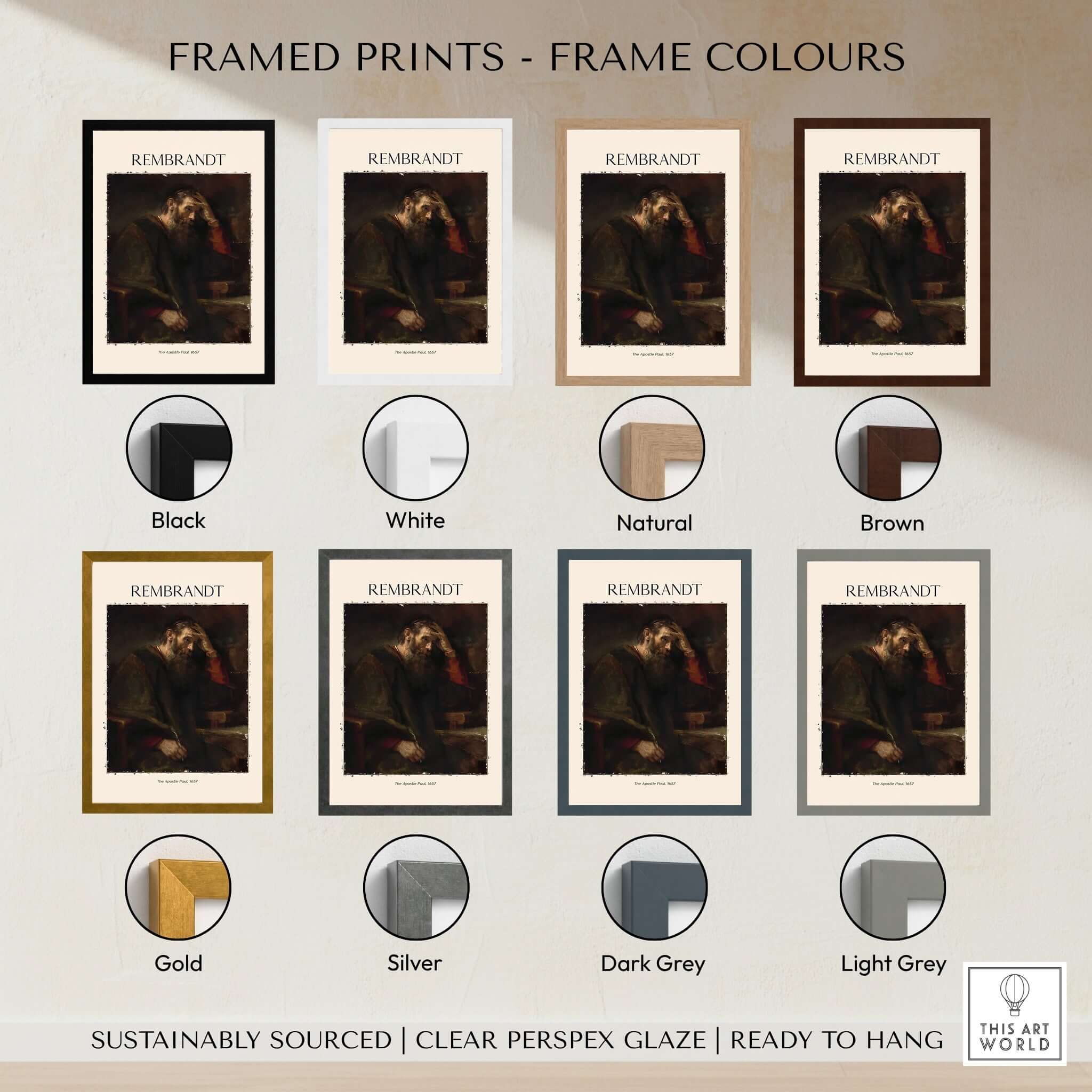 Framed prints of Rembrandt The Apostle Paul 1657 Religious Art Print Baroque Painting Poster in various colors.