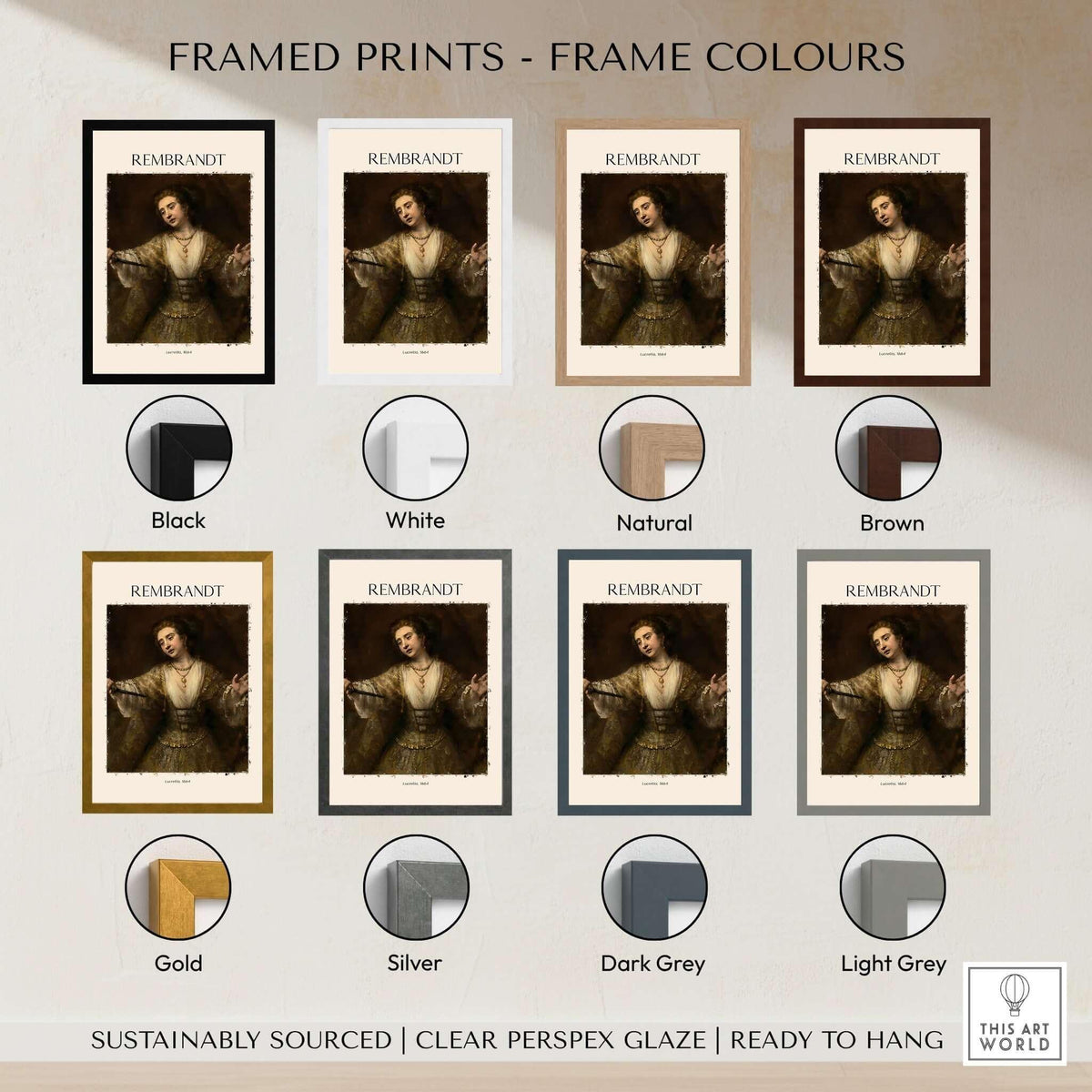 Rembrandt Lucretia 1664 Painting Art Print Baroque Historical Poster Wall Decor framed prints with various frame colors.