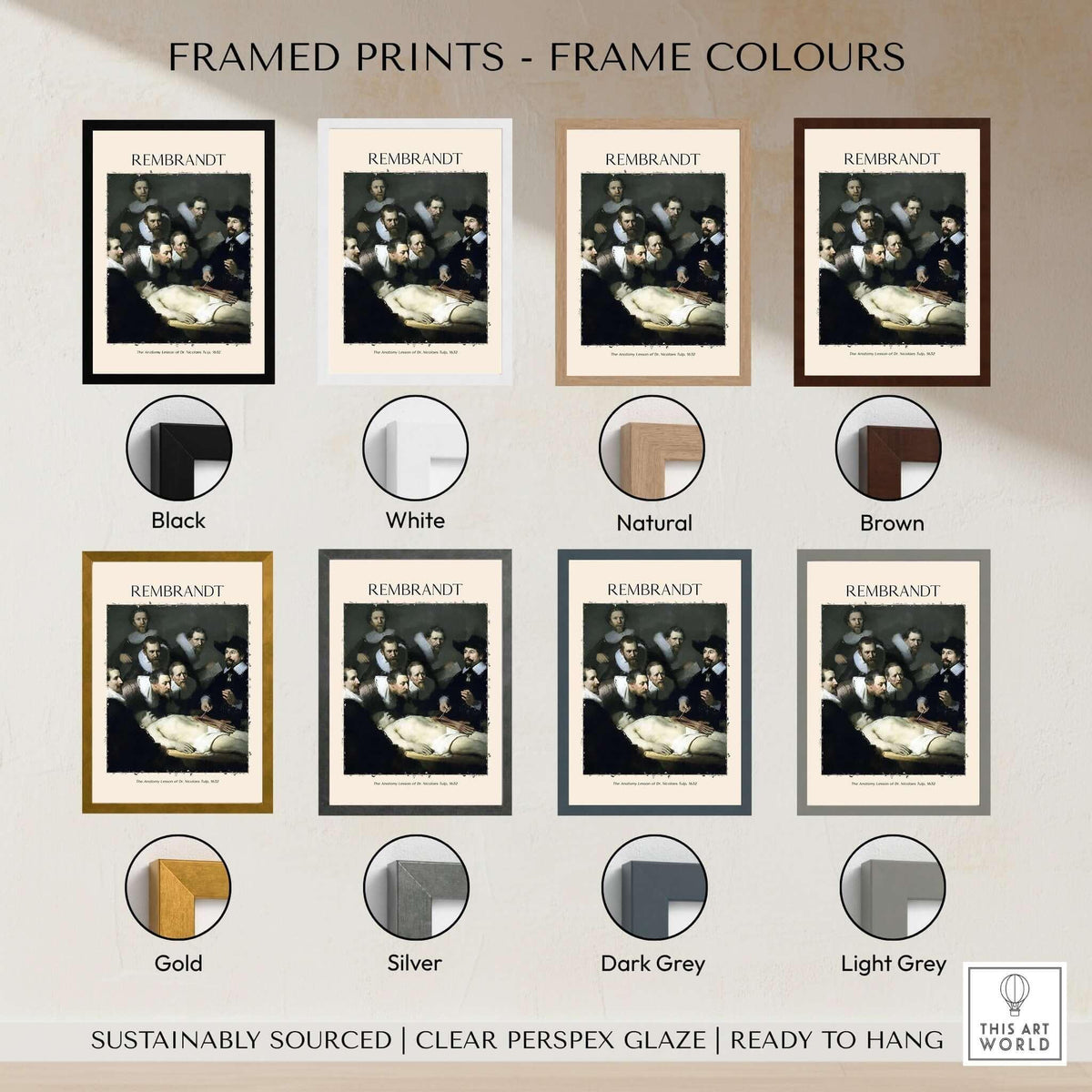 Framed prints in various colors for Rembrandt Anatomy Lesson Dr Tulp 1632 Group Portrait Art Print Dutch Master Poster.