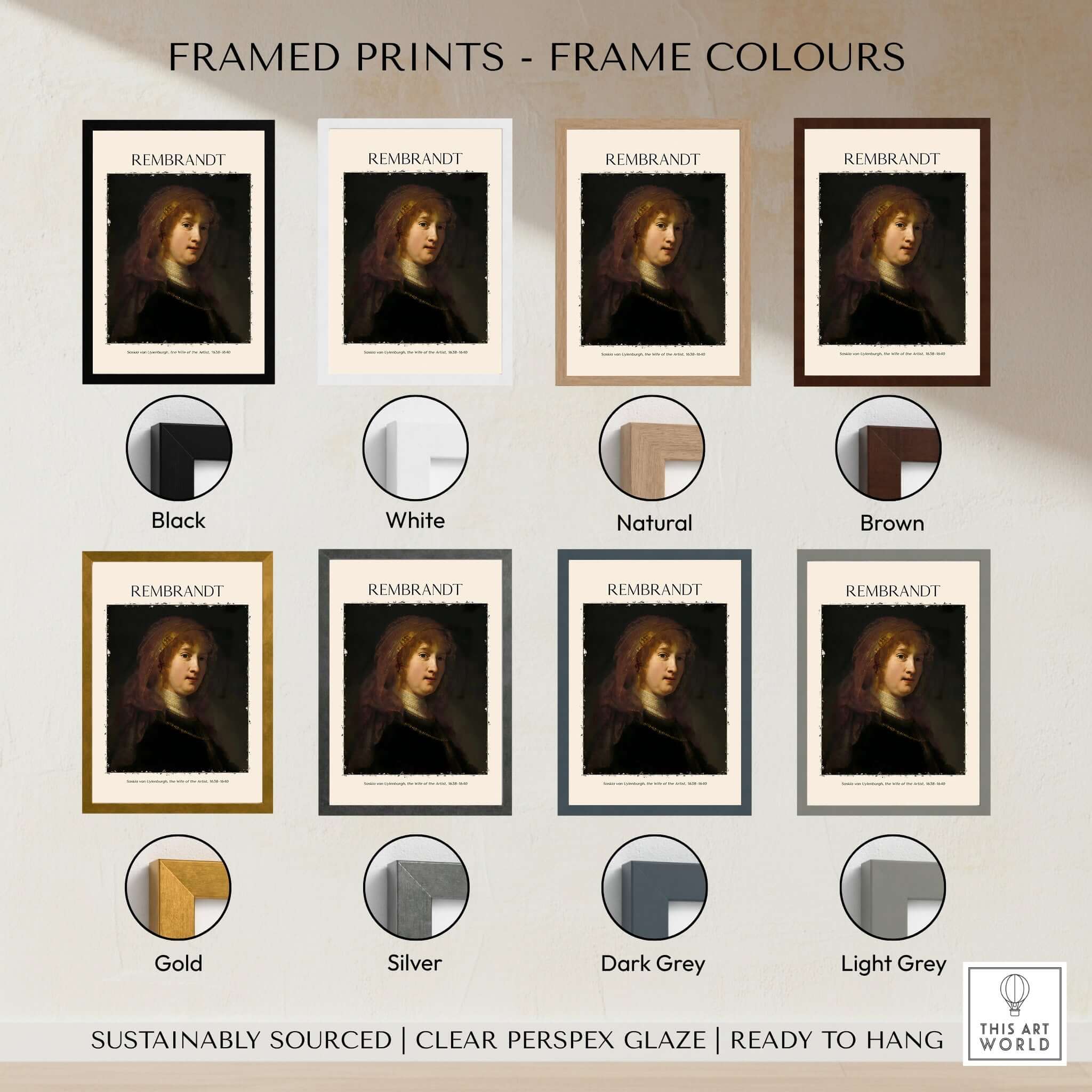 Framed prints color options for Rembrandt Saskia van Uylenburgh Portrait Print Wife Artist Dutch Poster Wall Art.