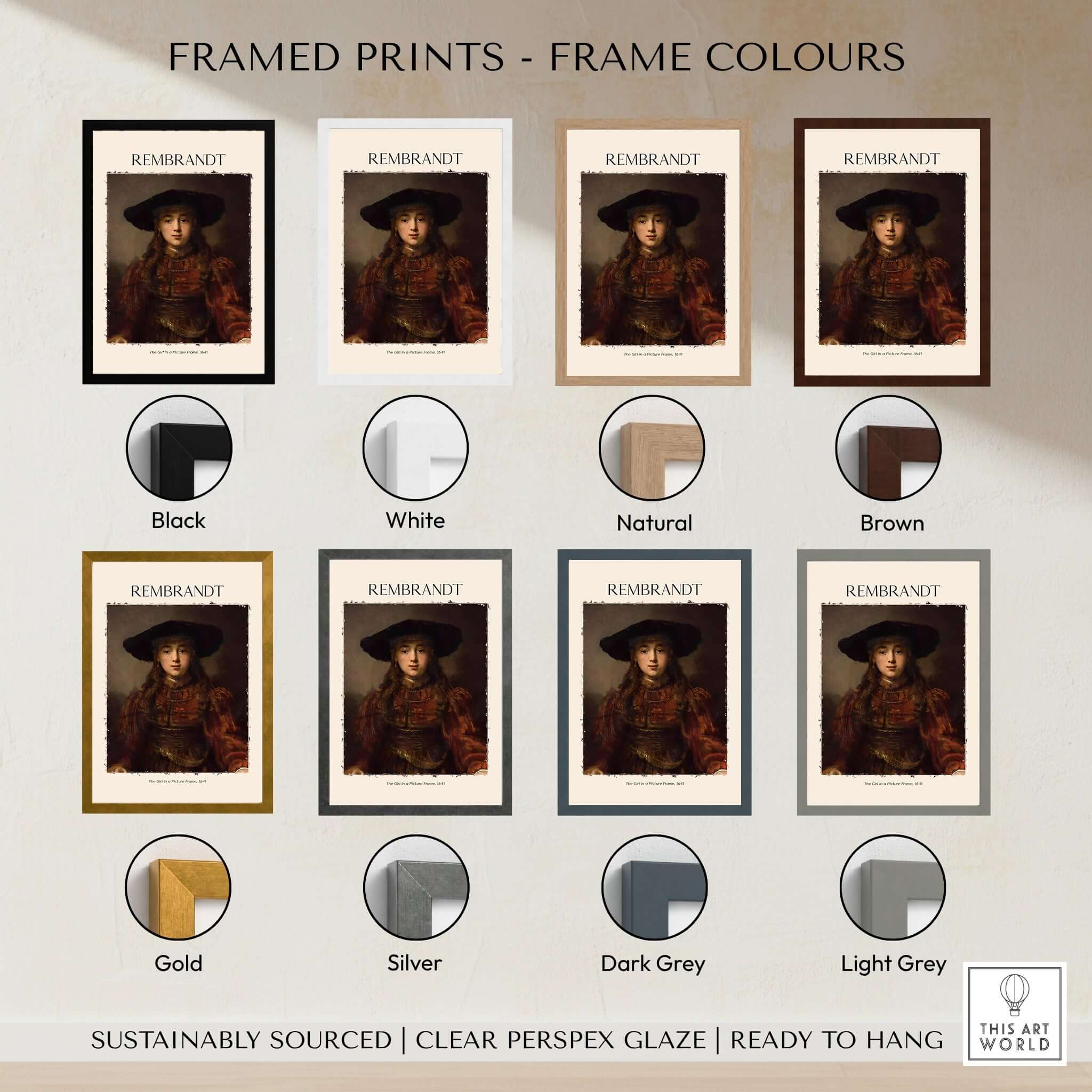 Framed prints color options for Rembrandt Girl Picture Frame 1641 Portrait Art Print Dutch Golden Age Poster Decor.