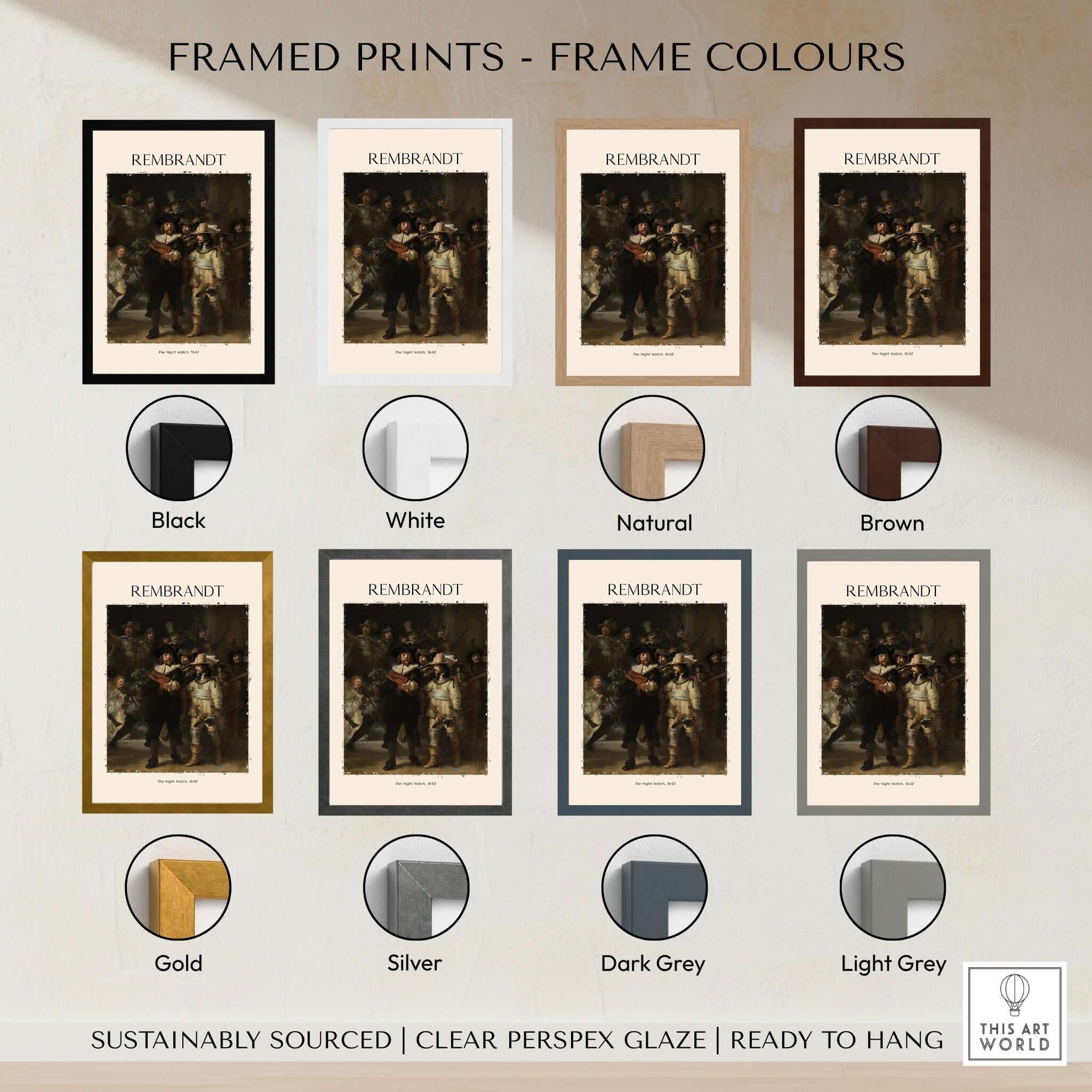 Framed prints showing various frame colors for Rembrandt The Night Watch 1642 Famous Dutch Master Painting Art Print Poster