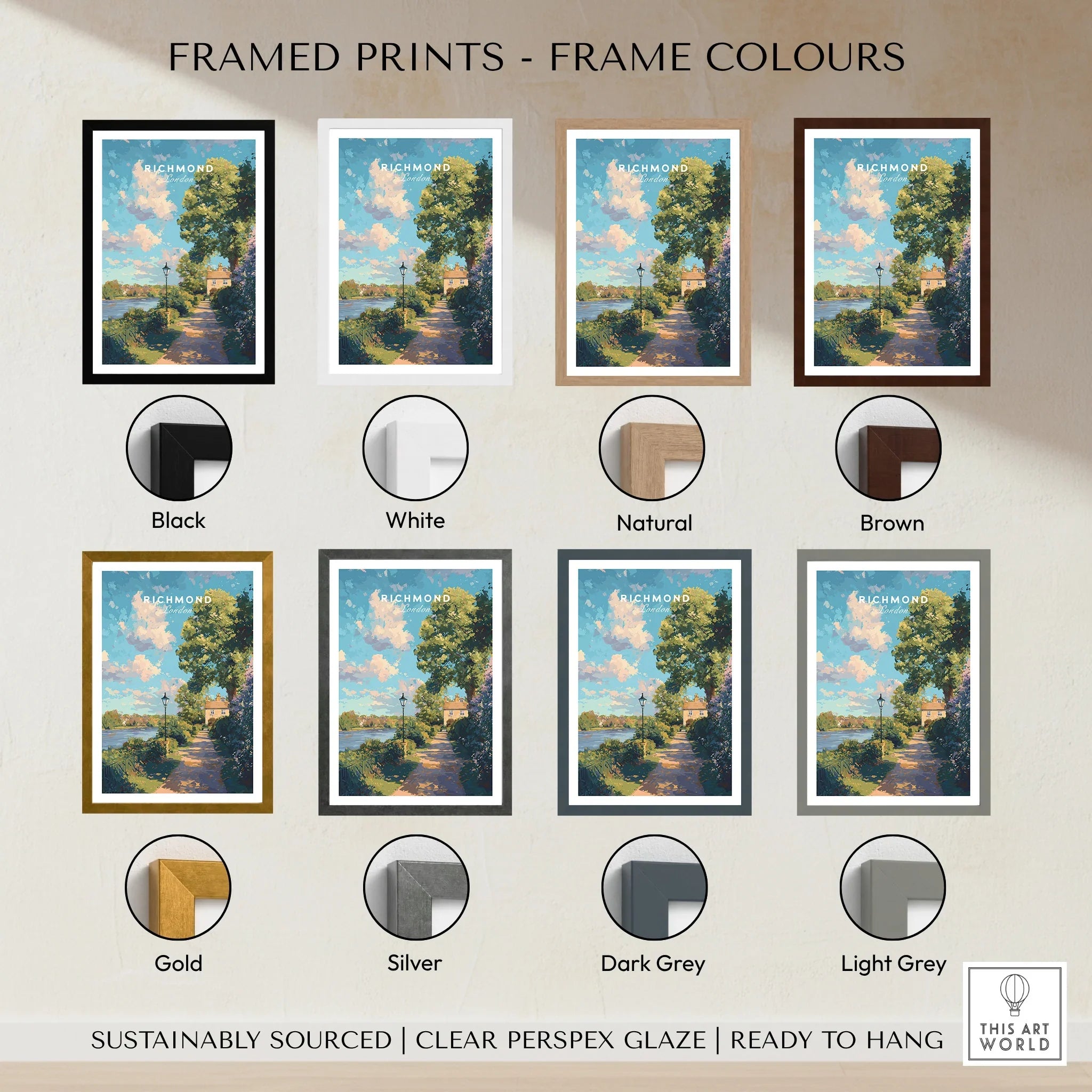 Richmond travel art print with eight frame color options including black, white, natural, brown, gold, silver, dark grey, and light grey.
