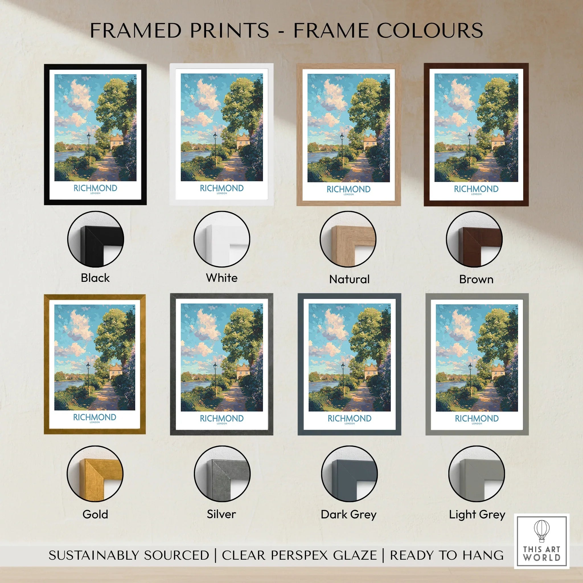 Richmond travel poster wall art in black, white, natural, brown, gold, silver, grey frames