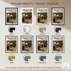 Richmond Hill travel poster wall art in eight frame color options: black, white, natural, brown, gold, silver, dark grey, light grey