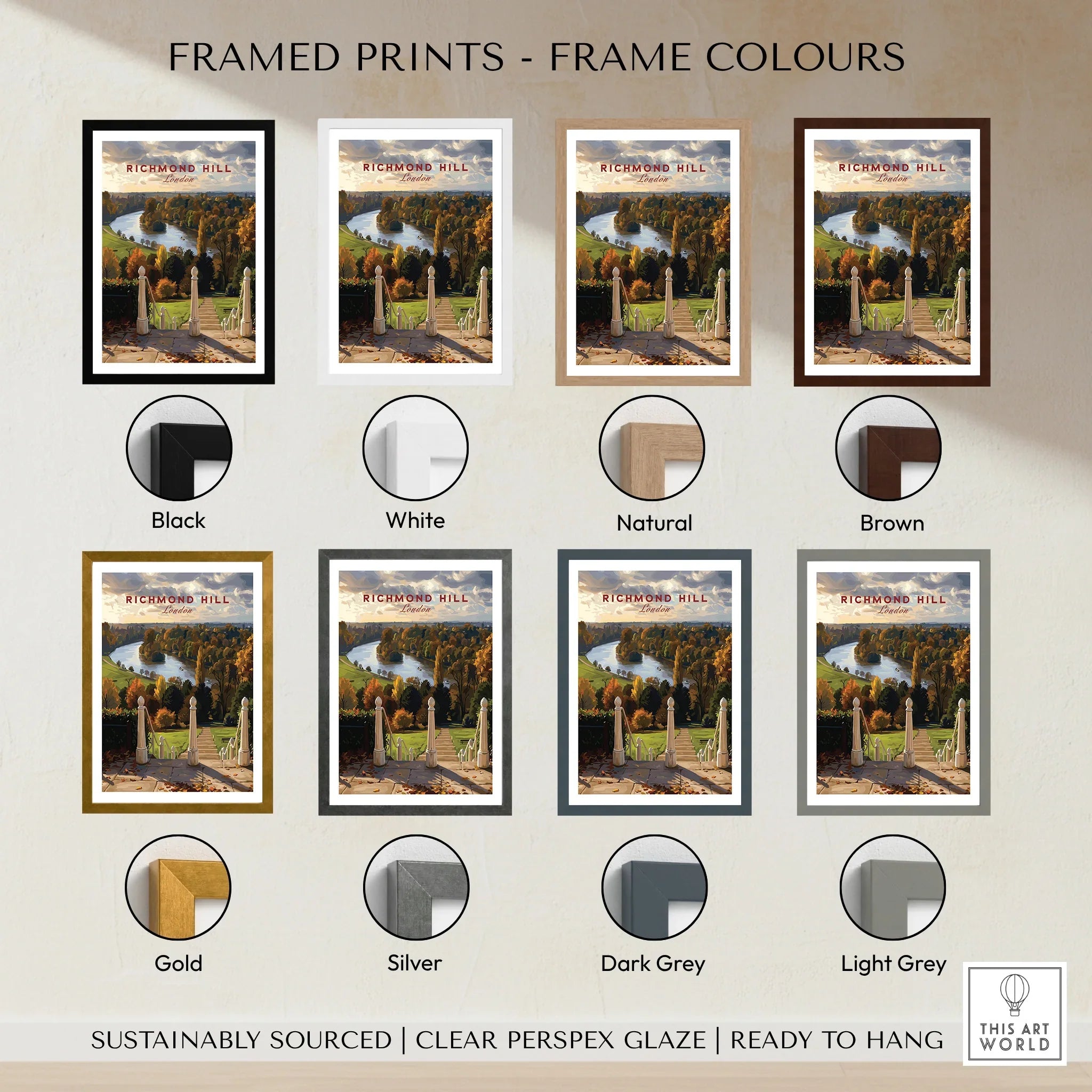Richmond Hill travel poster wall art in eight frame color options: black, white, natural, brown, gold, silver, dark grey, light grey