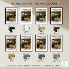 Richmond Hill travel poster print with eight frame color options including black, white, natural, brown, gold, silver, dark grey, and light grey.