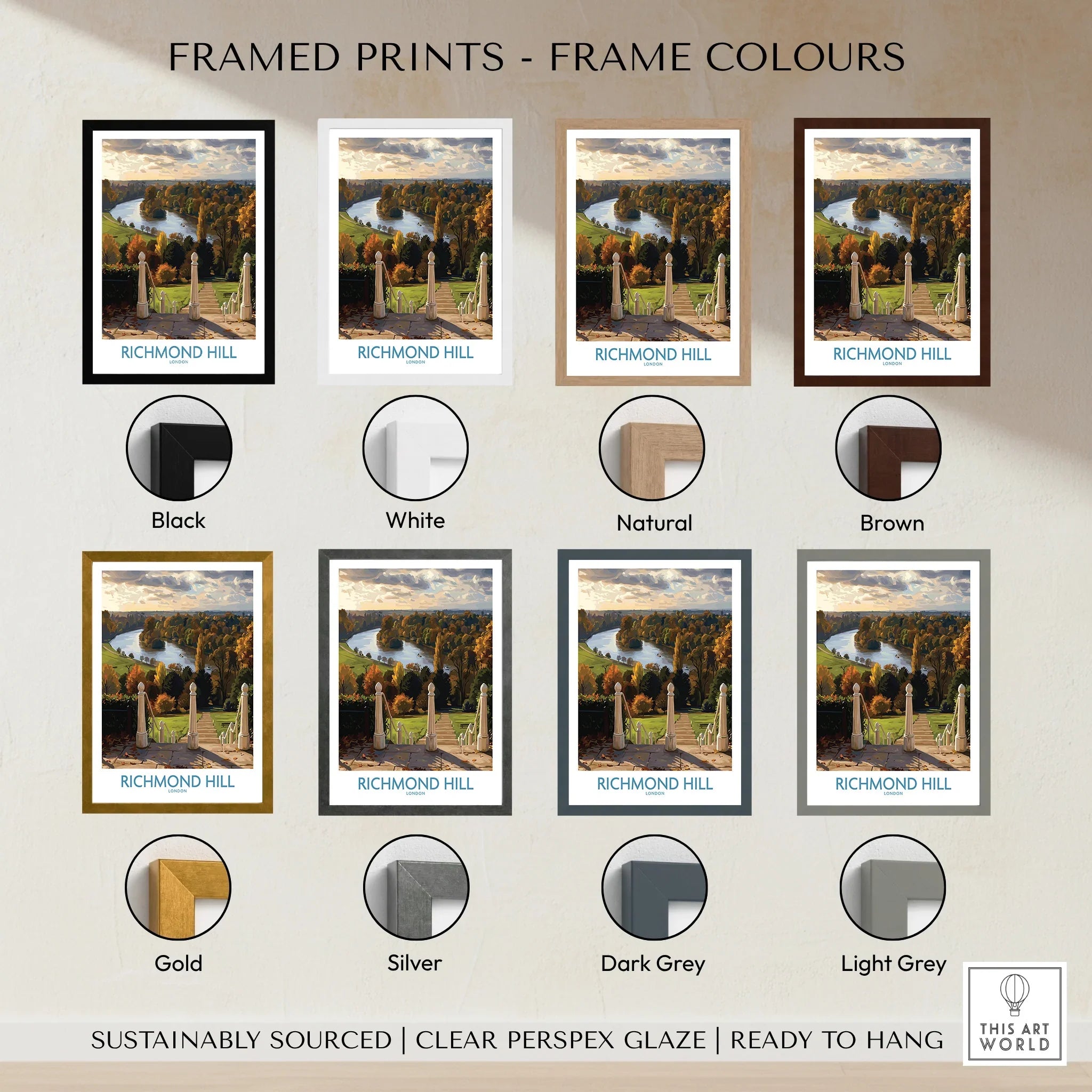 Richmond Hill travel poster print with eight frame color options including black, white, natural, brown, gold, silver, dark grey, and light grey.