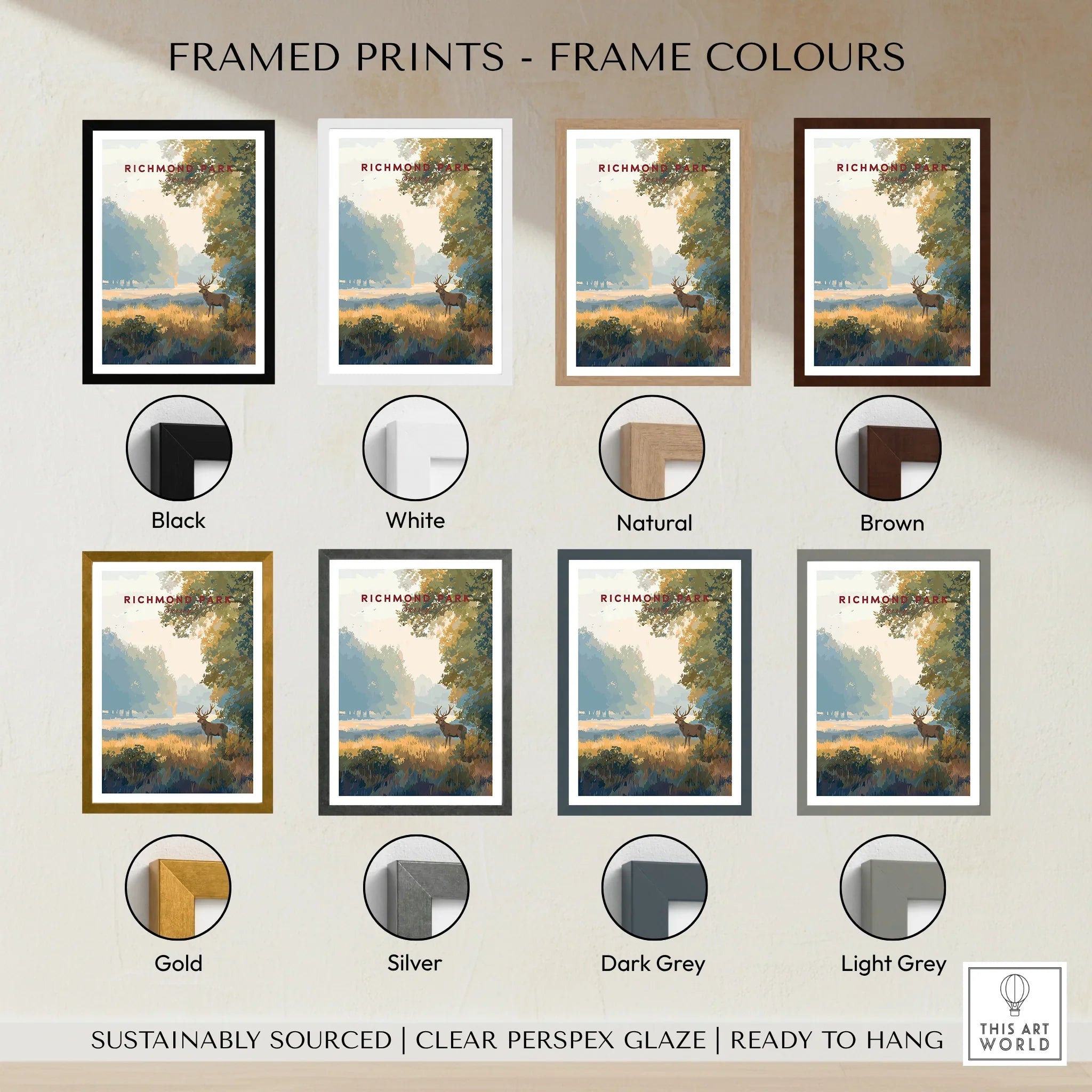 Richmond Park art print with a deer and tree landscape shown in eight frame color options.