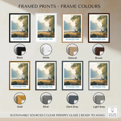 Richmond Park deer art print with eight frame color options including black, white, natural, brown, gold, silver, dark grey, and light grey.