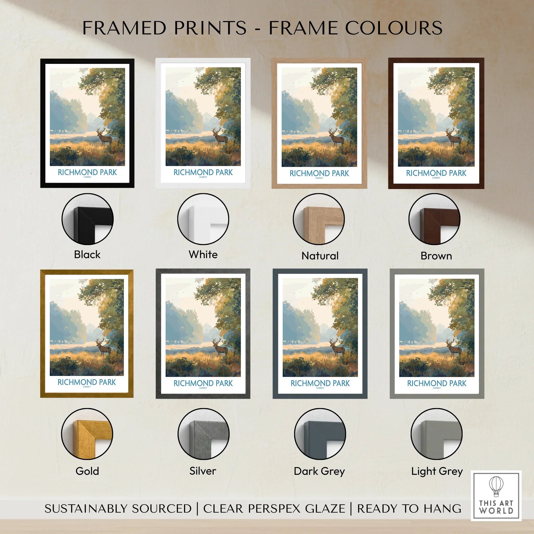 Richmond Park deer art print with eight frame color options including black, white, natural, brown, gold, silver, dark grey, and light grey.