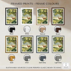 Richmond Park art print with stag, shown in eight frame color options including black, white, natural, brown, gold, silver, dark grey, and light grey.