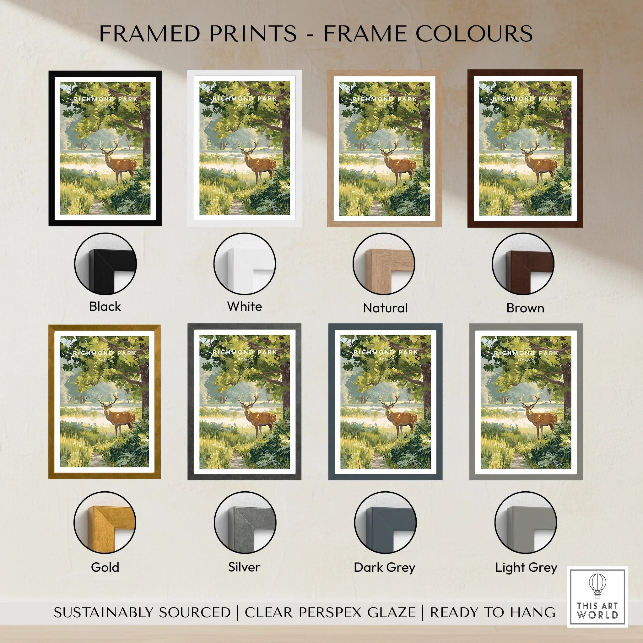 Richmond Park art print with stag, shown in eight frame color options including black, white, natural, brown, gold, silver, dark grey, and light grey.