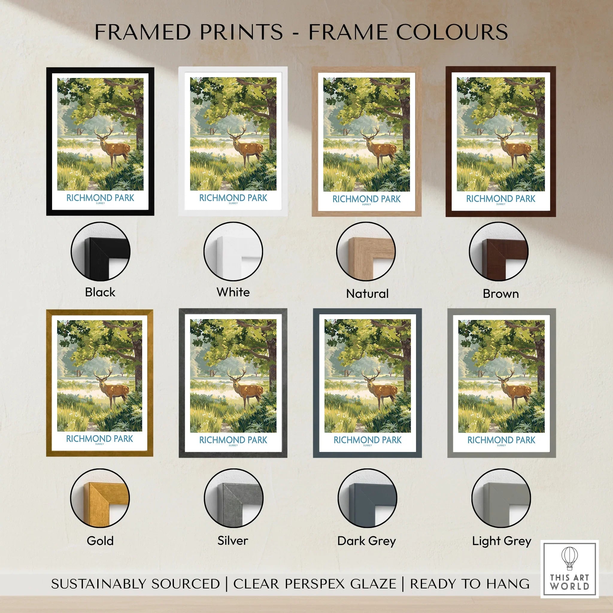 Richmond Park framed deer print in eight frame color options for wall art decor