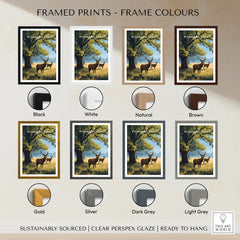 Richmond Park deer art print with eight frame color options, including black, white, gold, and grey.