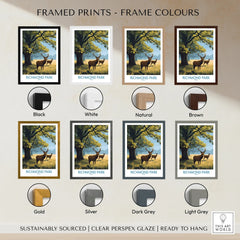 Richmond Park travel poster print with stag, shown in eight frame color options including black, white, natural, brown, gold, silver, dark grey, and light grey.