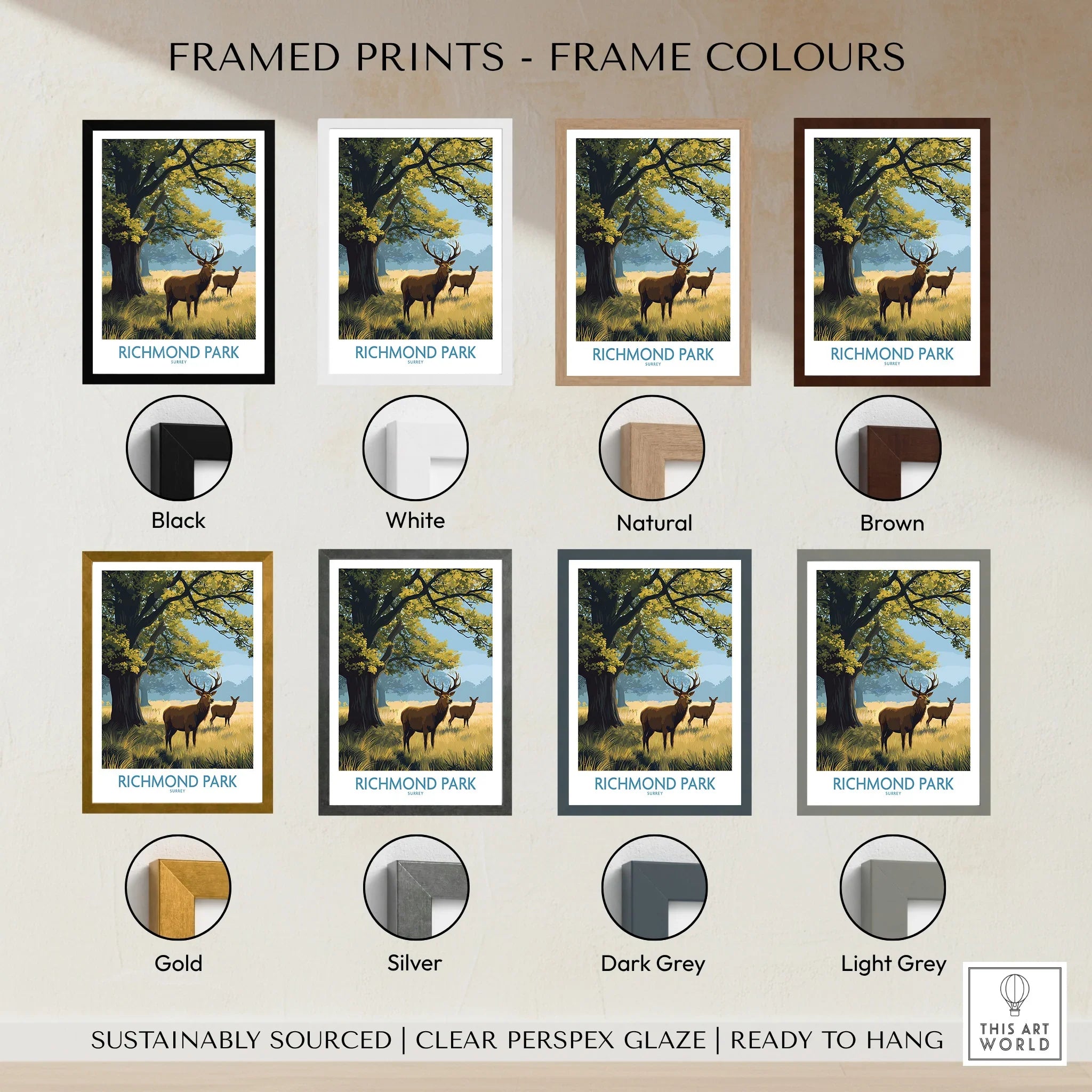 Richmond Park travel poster print with stag, shown in eight frame color options including black, white, natural, brown, gold, silver, dark grey, and light grey.