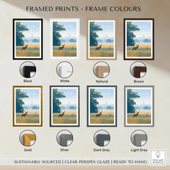 Richmond Park art print with deer, shown in black, white, natural, brown, gold, silver, dark grey, and light grey frame colour options.