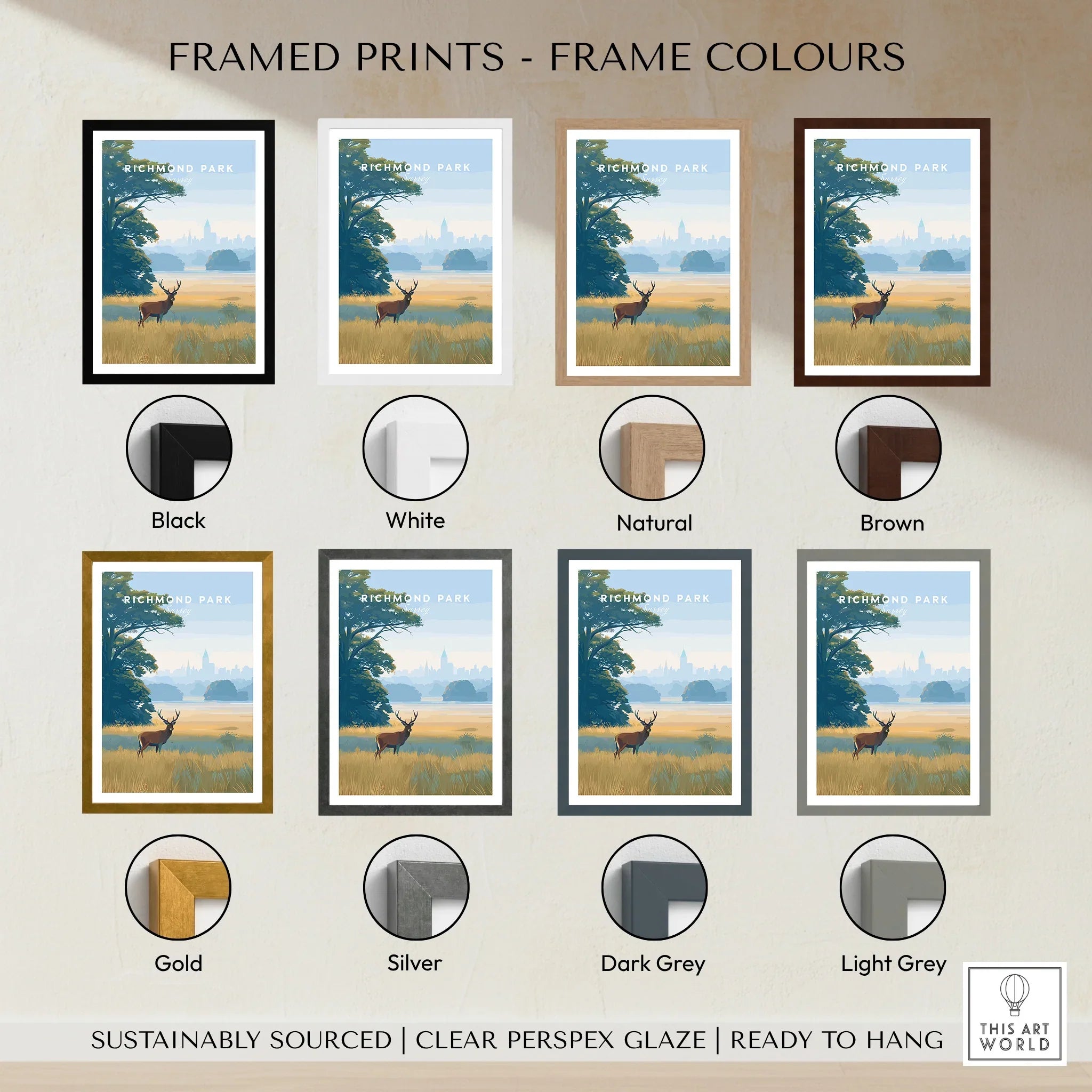 Richmond Park art print with deer, shown in black, white, natural, brown, gold, silver, dark grey, and light grey frame colour options.
