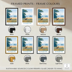 Richmond Park framed art print in eight frame colors, featuring a deer and landscape scene.