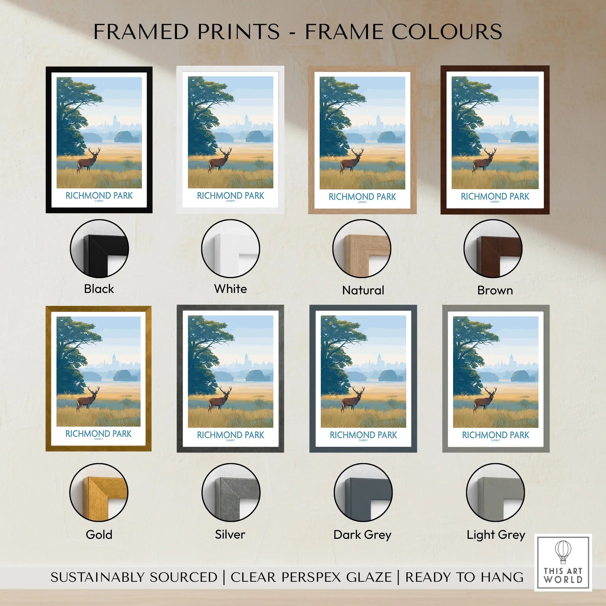 Richmond Park framed art print in eight frame colors, featuring a deer and landscape scene.