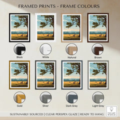 Richmond Park art print with deer and tree, shown in eight frame color options including black, white, natural, brown, gold, silver, dark grey, and light grey.