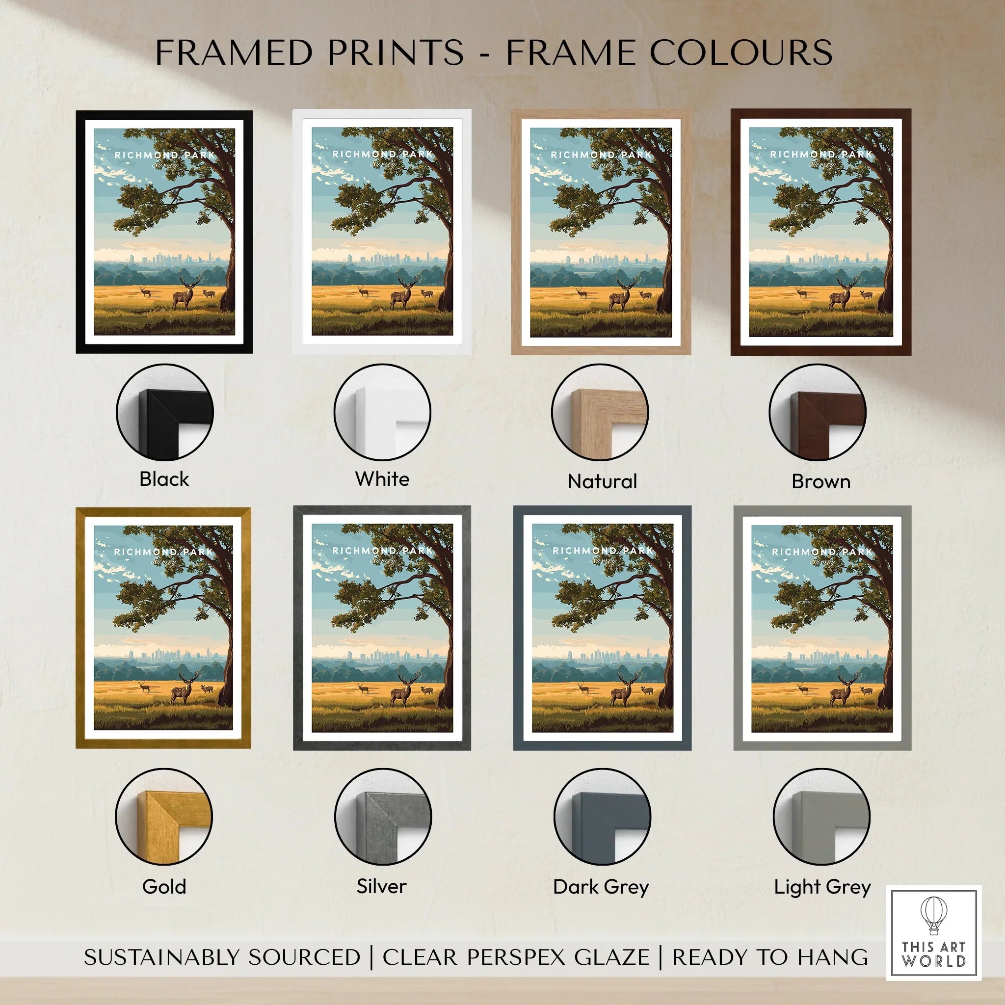 Richmond Park art print with deer and tree, shown in eight frame color options including black, white, natural, brown, gold, silver, dark grey, and light grey.