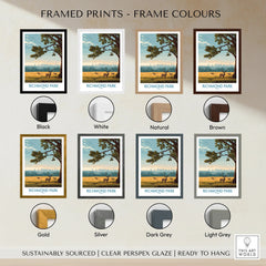 Richmond Park travel poster framed print with 7 frame colour options, including black, white, natural, brown, gold, silver, dark grey, and light grey.